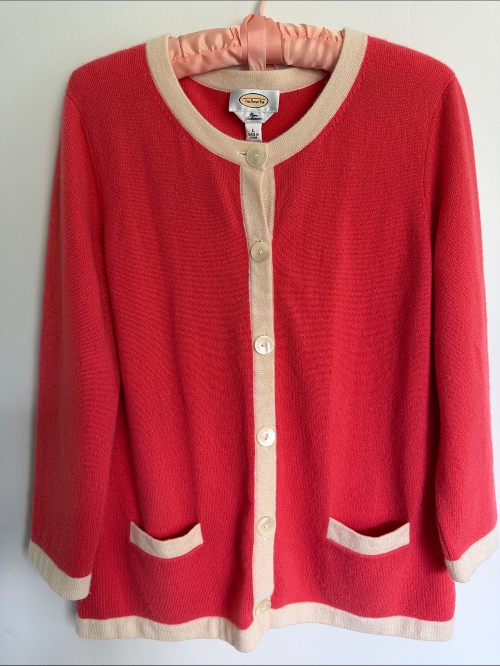 Talbots pure Cashmere Coral Contrast-Trim Cardigan Sweater